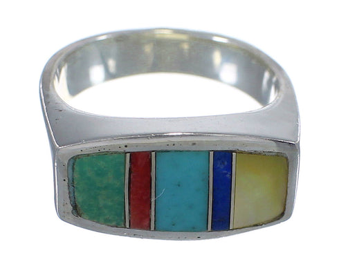 Southwestern Multicolor Inlay Genuine Sterling Silver Ring Size 8 QX75930